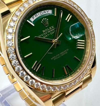 Rolex Day-date 40 228348rbr 40mm Yellow Gold Green Roman Dial Diamond Bezel Unworn 2024