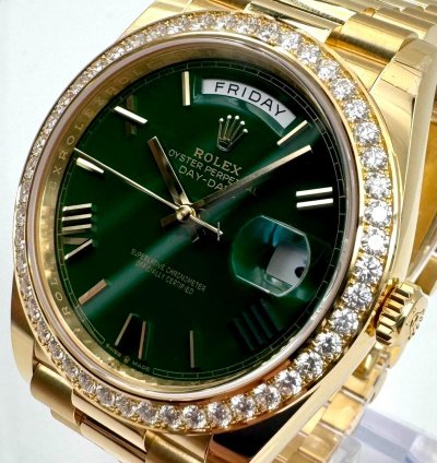 Rolex Day-date 40 228348rbr 40mm Yellow Gold Green Roman Dial Diamond Bezel Unworn 2024