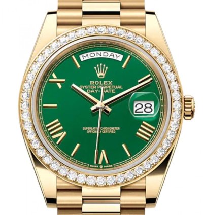 Rolex Day-date 40 228348rbr 40mm Yellow Gold Green Roman Dial Diamond Bezel Unworn 2024