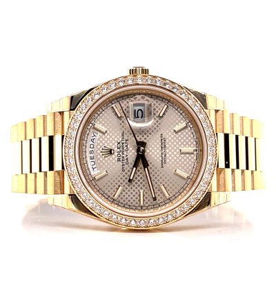 Rolex Day-date 40 228348rbr President 18k Yellow Gold Diamond Bezel Silver Motif Dial Unworn