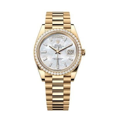 Rolex Day-date 40 228348rbr Yellow Gold Diamond Bezel Baguette Mother Of Pearl Dial