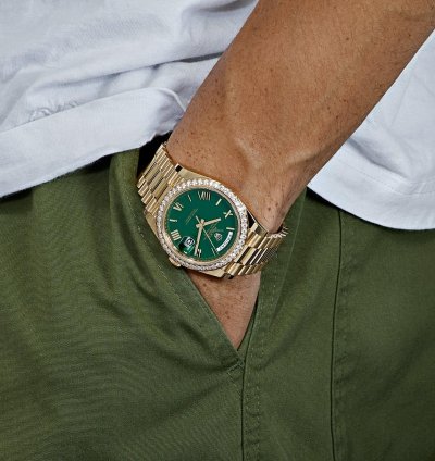 Rolex Day-date 40 228348rbr Yellow Gold Green Roman Numeral Dial Diamond Bezel 2024