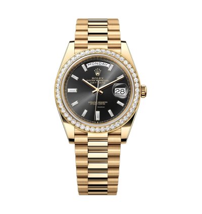 Rolex Day-date 40 40mm 18k Yellow Gold President Diamond Bezel Black Baguette Diamond Dial