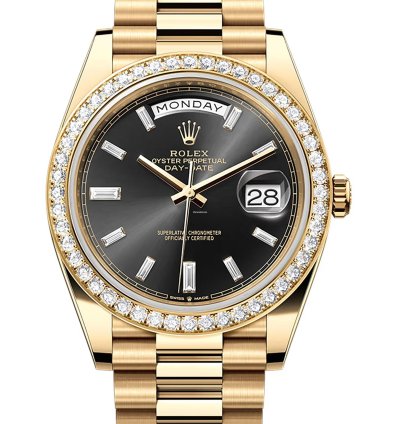 Rolex Day-date 40 40mm 18k Yellow Gold President Diamond Bezel Black Baguette Diamond Dial