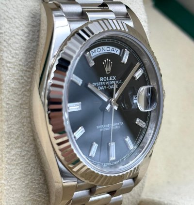Rolex Day-date 40 40mm Black Baguette Dial White Gold Bracelet 228239 Unworn 2023