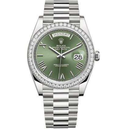 Rolex Day-date 40 40mm Diamond Bezel Olive Green Roman Dial Presidential Band