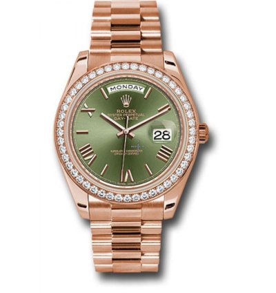 Rolex Day-date 40 40mm Diamond Bezel Rose Gold Olive Green Roman Dial 228345