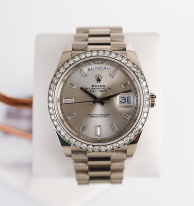 Rolex Day-date 40 40mm Diamond Bezel White Gold Silver Baguette Diamond Dial Presidential 228349rbr