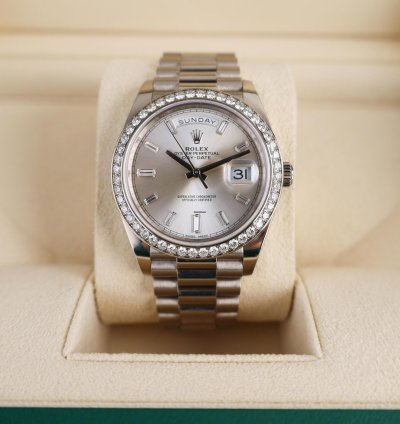 Rolex Day-date 40 40mm Diamond Bezel White Gold Silver Baguette Diamond Dial Presidential 228349rbr