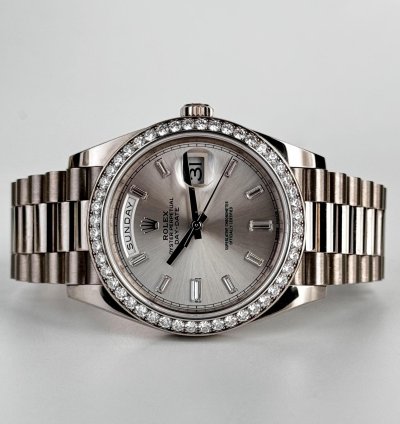 Rolex Day-date 40 40mm Diamond Bezel White Gold Silver Baguette Diamond Dial Presidential 228349rbr