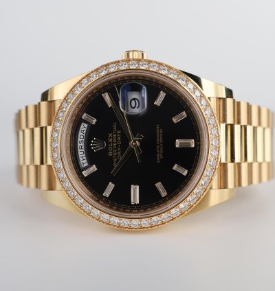Rolex Day-date 40 40mm Diamond Bezel Yellow Gold Black Baguette Diamond Dial Presidential 228348