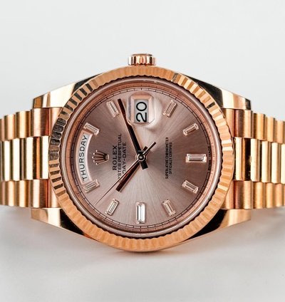Rolex Day-date 40 40mm Everose Gold Fluted Bezel Sundust Baguette Diamond Dial Presidential 228235