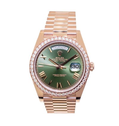 Rolex Day-date 40 40mm Everose Gold Olive Green Roman Dial Diamond Bezel 228345