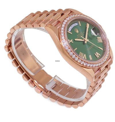 Rolex Day-date 40 40mm Everose Gold Olive Green Roman Dial Diamond Bezel 228345