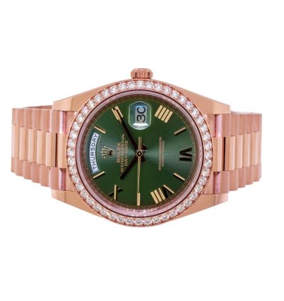 Rolex Day-date 40 40mm Everose Gold Olive Green Roman Dial Diamond Bezel 228345