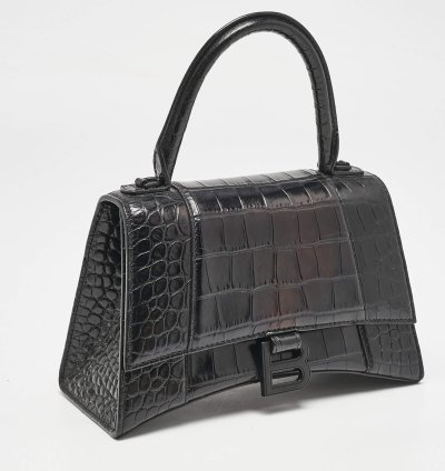 Balenciaga Black Croc Embossed Leather Small Hourglass Top Handle Bag