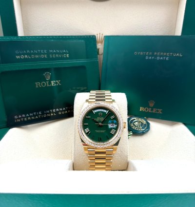 Rolex Day-date 40 40mm Green Roman Dial Diamond Bezel Yellow Gold Bracelet 228348rbr Unworn 2024