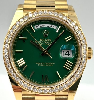 Rolex Day-date 40 40mm Green Roman Dial Diamond Bezel Yellow Gold Bracelet 228348rbr Unworn 2024