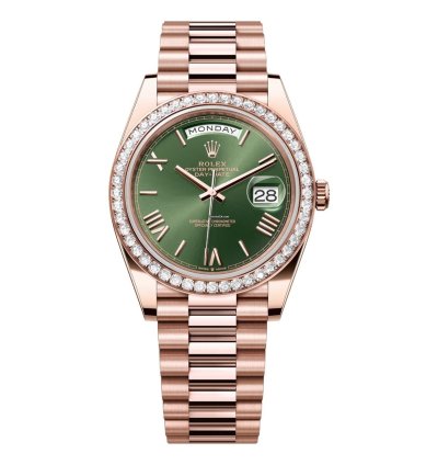 Rolex Day-date 40 40mm Green Roman Dial President 228345rbr-0011 Rose Gold Watch Diamond Set On Bezel 2024