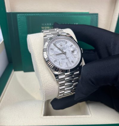 Rolex Day-date 40 40mm Meteorite Baguette Dial White Gold Fluted Bezel 228239