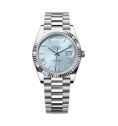 Rolex Day-date 40 40mm Platinum President Fluted Bezel Ice Blue Roman Dial