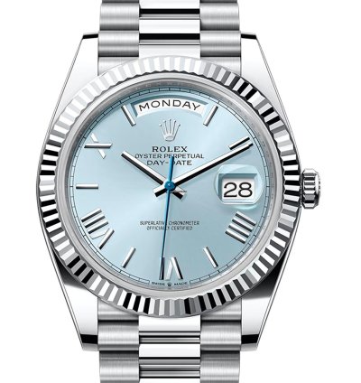 Rolex Day-date 40 40mm Platinum President Fluted Bezel Ice Blue Roman Dial