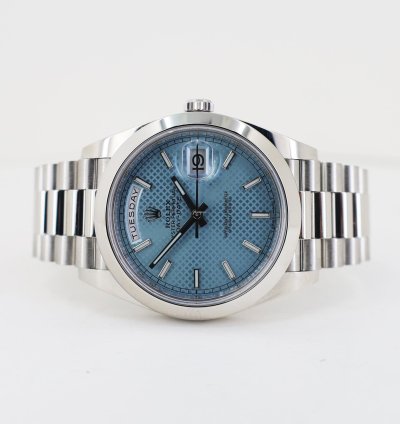 Rolex Day-date 40 40mm Platinum Smooth Bezel Blue Diagonal Motif Dial Presidential Band 228206