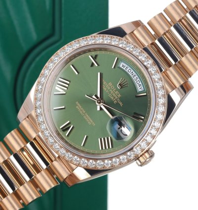 Rolex Day-date 40 40mm President 18k Rose Gold Diamond Anniversary Olive Green Roman Rare 228345rbr