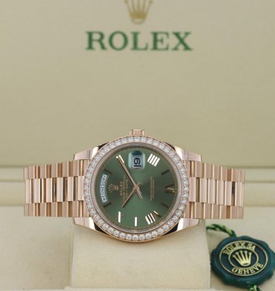 Rolex Day-date 40 40mm President 18k Rose Gold Diamond Anniversary Olive Green Roman Rare 228345rbr