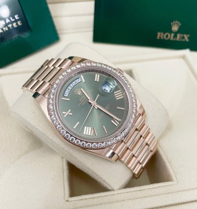 Rolex Day-date 40 40mm Rose Gold 228345rbr Diamond Bezel Olive Green Roman Dial President Bracelet