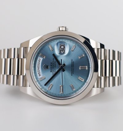Rolex Day-date 40 40mm Smooth Bezel Platinum Ice Blue Baguette Diamond Dial Presidential Band