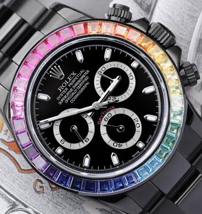 Rolex Daytona Cosmograph Daytona Black Pvd Dlc Coated Watch With Black Dial And Rainbow Bezel 116523