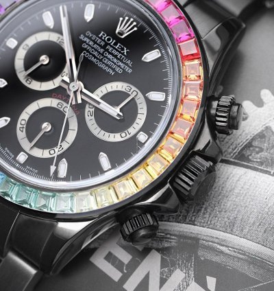 Rolex Daytona Cosmograph Daytona Black Pvd Dlc Coated Watch With Black Dial And Rainbow Bezel 116523