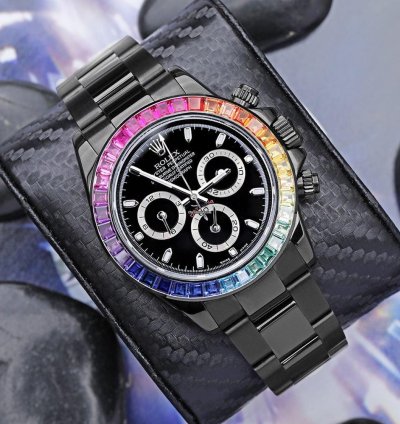 Rolex Daytona Cosmograph Daytona Black Pvd Dlc Coated Watch With Black Dial And Rainbow Bezel 116523