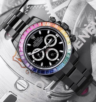 Rolex Daytona Cosmograph Daytona Black Pvd Dlc Coated Watch With Black Dial And Rainbow Bezel 116523