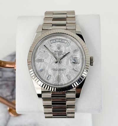 Rolex Day-date 40 40mm White Gold Fluted Bezel Meteorite Baguette Diamond Dial Presidential Band