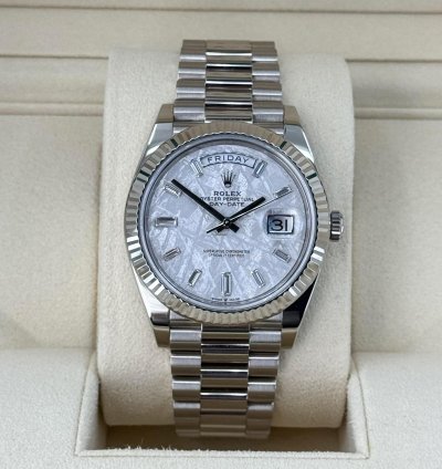 Rolex Day-date 40 40mm White Gold Fluted Bezel Meteorite Baguette Diamond Dial Presidential Band