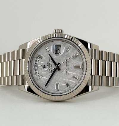 Rolex Day-date 40 40mm White Gold Fluted Bezel Meteorite Baguette Diamond Dial Presidential Band