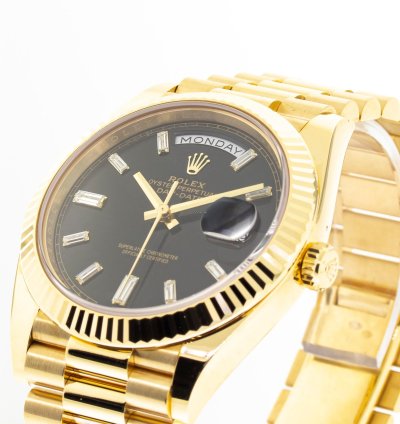 Rolex Day-date 40 40mm Yellow Gold Black Baguette Diamond Dial Fluted Bezel 228238