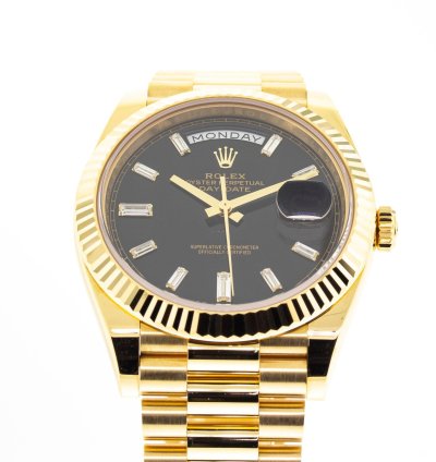 Rolex Day-date 40 40mm Yellow Gold Black Baguette Diamond Dial Fluted Bezel 228238