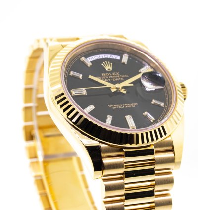 Rolex Day-date 40 40mm Yellow Gold Black Baguette Diamond Dial Fluted Bezel 228238