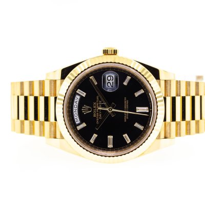 Rolex Day-date 40 40mm Yellow Gold Black Baguette Diamond Dial Fluted Bezel 228238