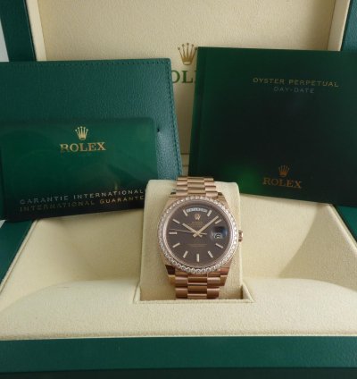 Rolex Day-date 40 Choco Dial Everrose Diamond Bezel