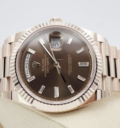 Rolex Day-date 40 Chocolate Baguette 2024 Neu Everose Full Set