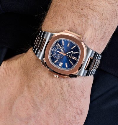 Patek Philippe Nautilus 5980 1ar-001 Chronograph Stainless Steel Rose Gold Blue Dial