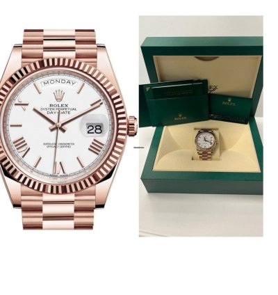 Rolex Day-date 40 Everose Gold Day-date 40 Watch Fluted Bezel White Bevelled Roman Dial 228235