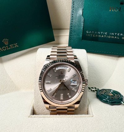 Rolex Day-date 40 Everose Sundust Baguette 12 2024 Neu Und Ungetragen Full Set