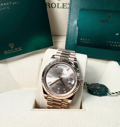 Rolex Day-date 40 Everose Sundust Baguette 12 2024 Neu Und Ungetragen Full Set