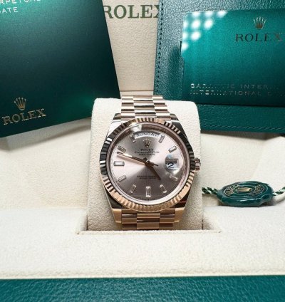 Rolex Day-date 40 Everose Sundust Baguette 12 2024 Neu Und Ungetragen Full Set