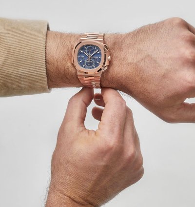 Patek Philippe Nautilus 5990 1r-001 Travel Time Chronograph Rose Gold Blue Dial